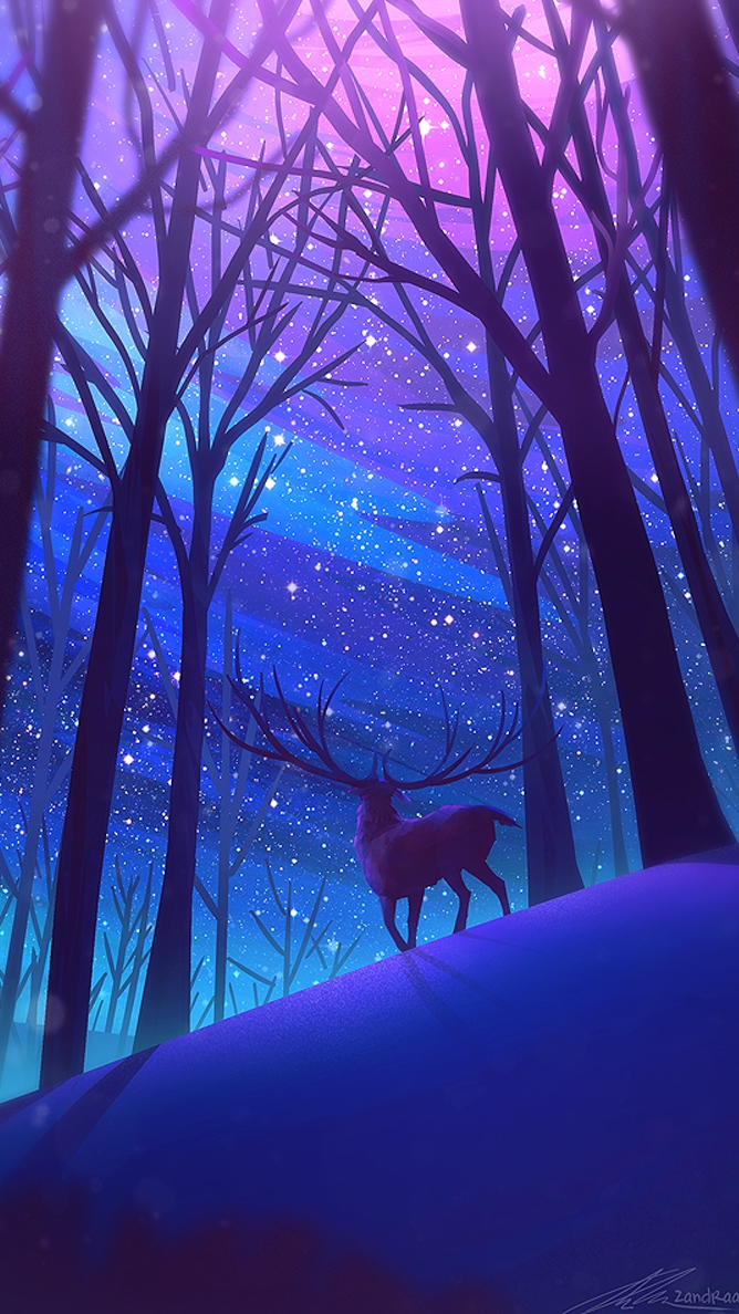 reindeer forest night stars digital art iphone wallpaper iphone