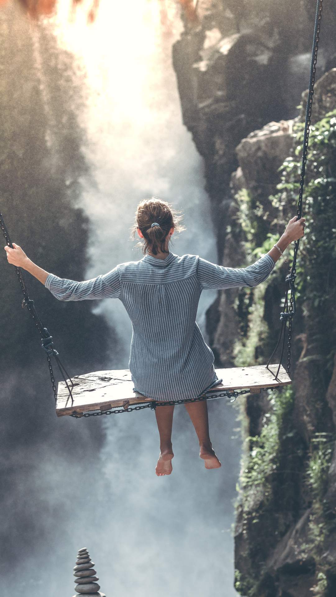 Nature Waterfall Girl Swing iPhone Wallpaper