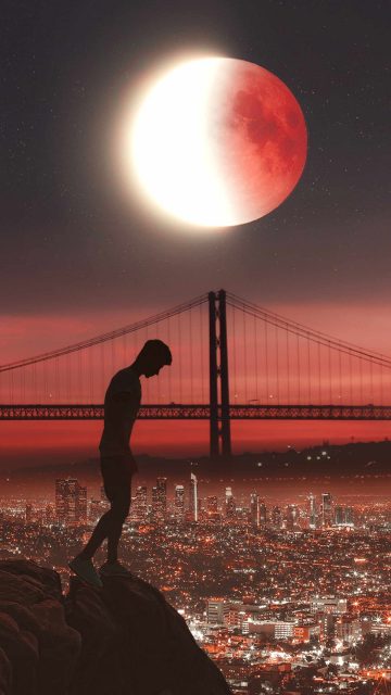 Man in City Eclipse Moon iPhone Wallpaper