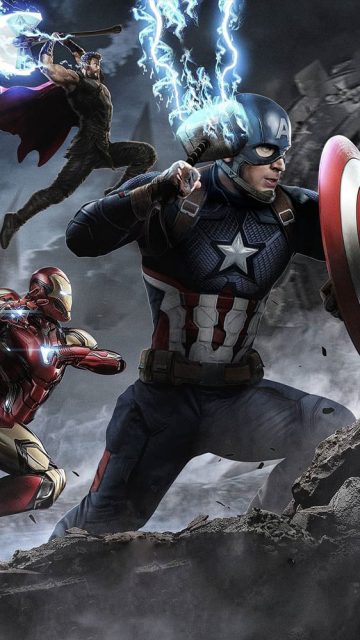 Avengers Battle Captain America Holds Mjolnir iPhone Wallpaper
