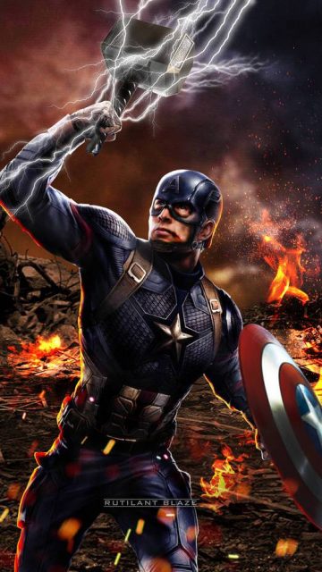 Captain America Lifts Mjolnir and Shield iPhone Wallpaper
