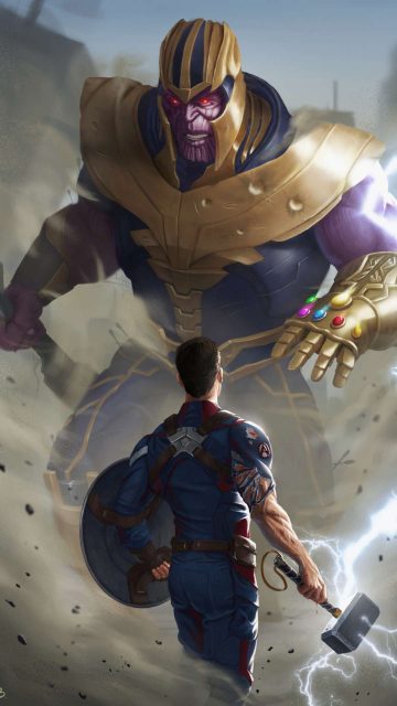 Captain America with Thor Hammer Fighting Thanos iPhone Wallpaper