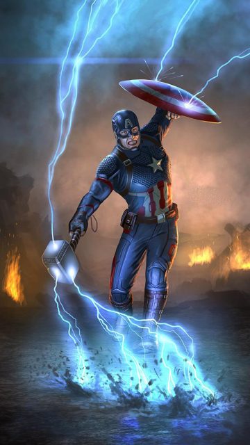Captain America with Thor Hammer and Shield iPhone Wallpaper