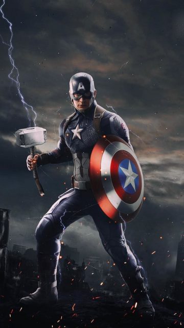 Captain America with Thor Mjolnir iPhone Wallpaper