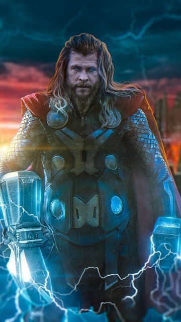 Endgame Thor with Mjolnir and Stormbreaker iPhone Wallpaper
