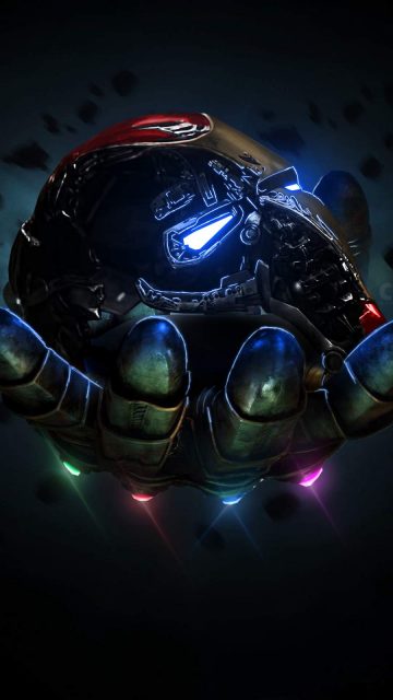 Thanos Infinity Gauntlet Holding Iron Man Mask iPhone Wallpaper