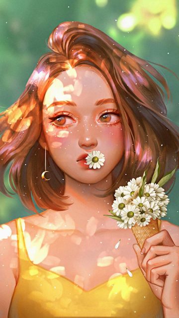 Girl with Daisy Flowers iPhone Wallpaper