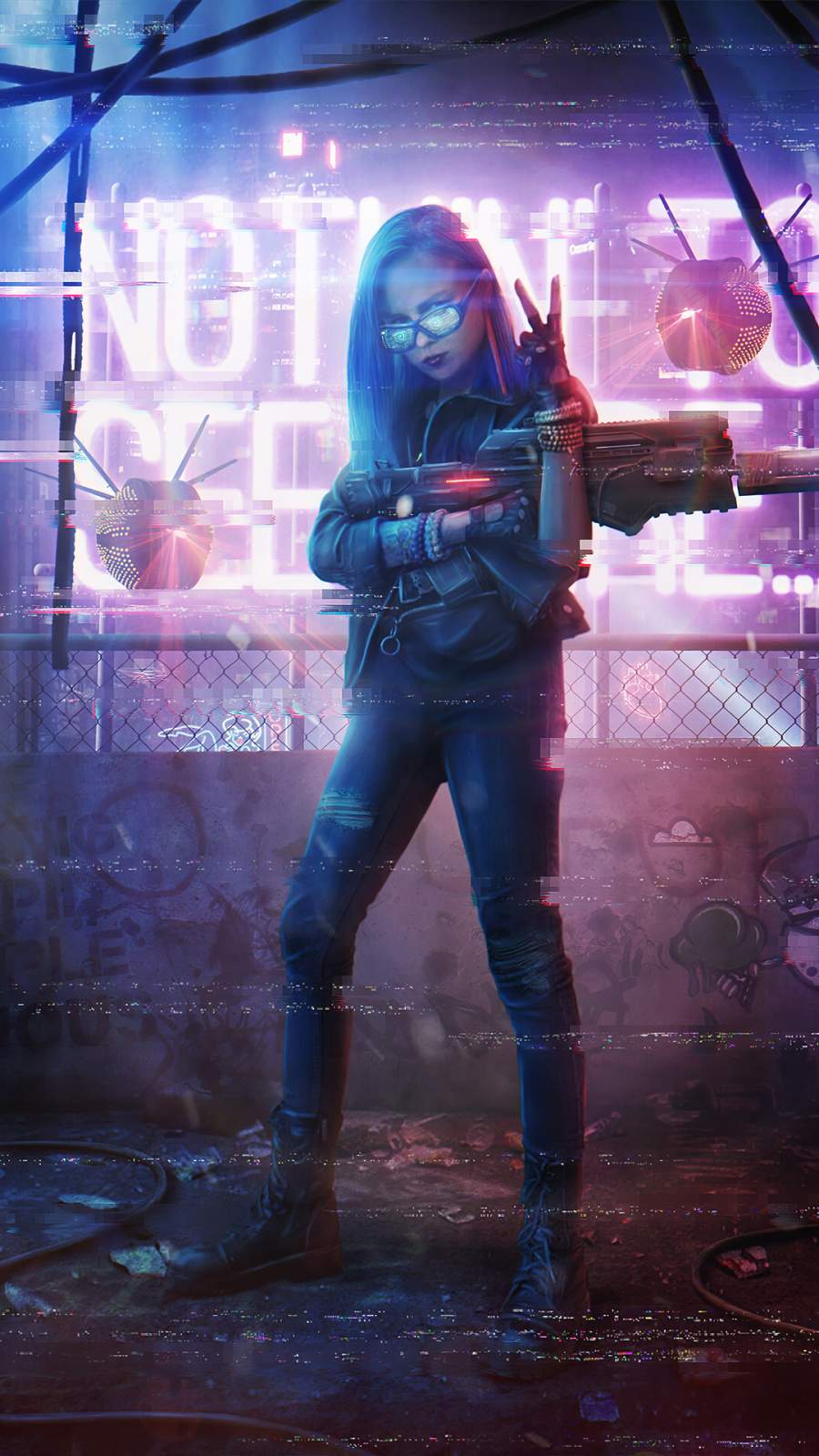 Neon Girl with Gun iPhone Wallpaper