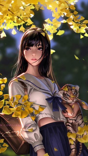 Autumn Girl with Cubs iPhone Wallpaper