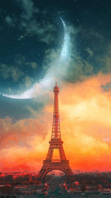 Eiffel Tower and Moon iPhone Wallpaper