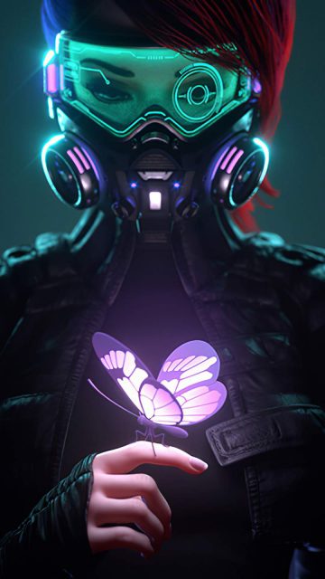 Cyberpunk Girl in a Gas Mask Looking at the Glowing Butterfly iPhone Wallpaper