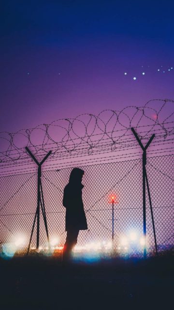 Night Lights Person Standing Behind Fence Silhouette