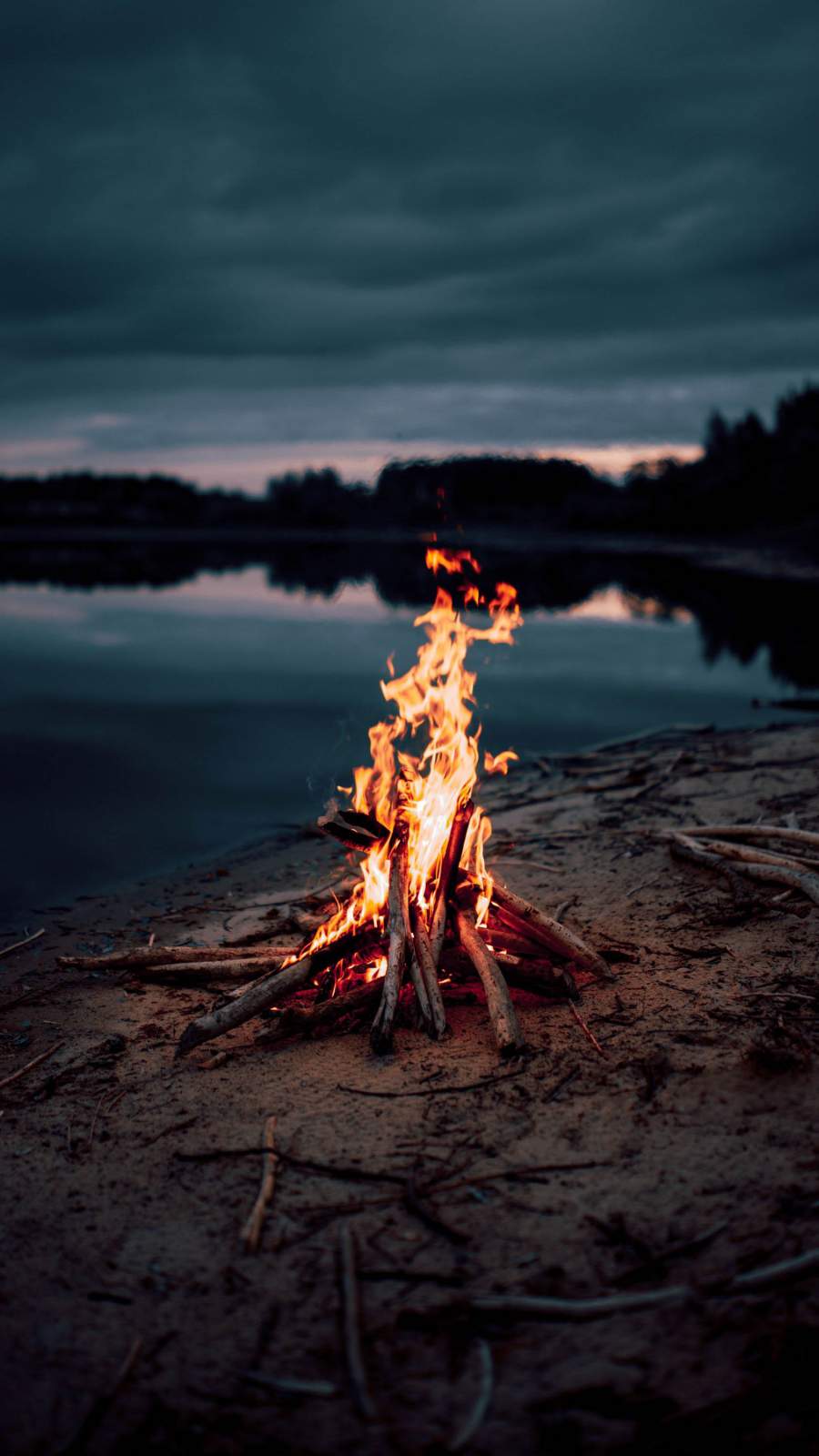 Camp Fire Near Lake iPhone Wallpaper