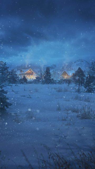 Snow Night Houses iPhone Wallpaper