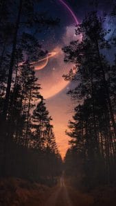 Space view from Forest Near Saturn Planet