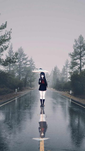 Anime Girl in Rain iPhone Wallpaper