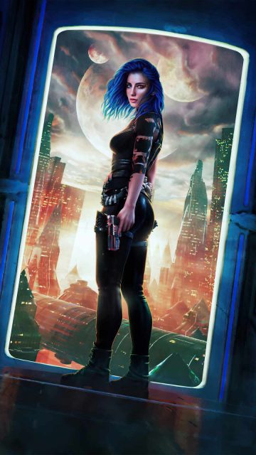 Blue hair girl scifi city with guns in hand