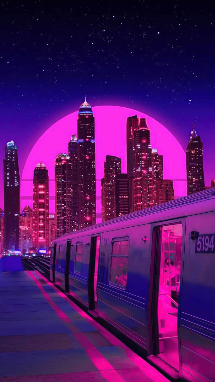 train neon synthwave buildings - iPhone Wallpapers