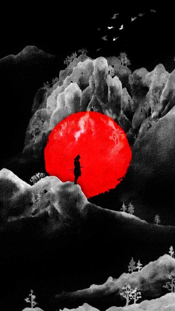 Samurai Art Red Moon iPhone Wallpaper