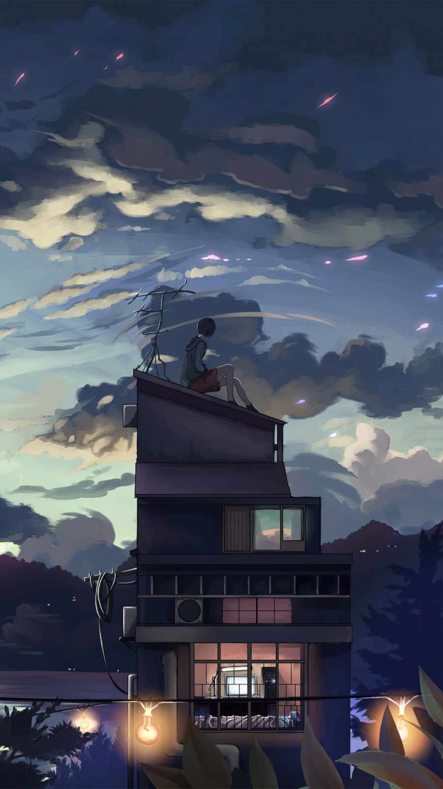 a cloudy evening anime girl sitting rooftop iPhone Wallpaper
