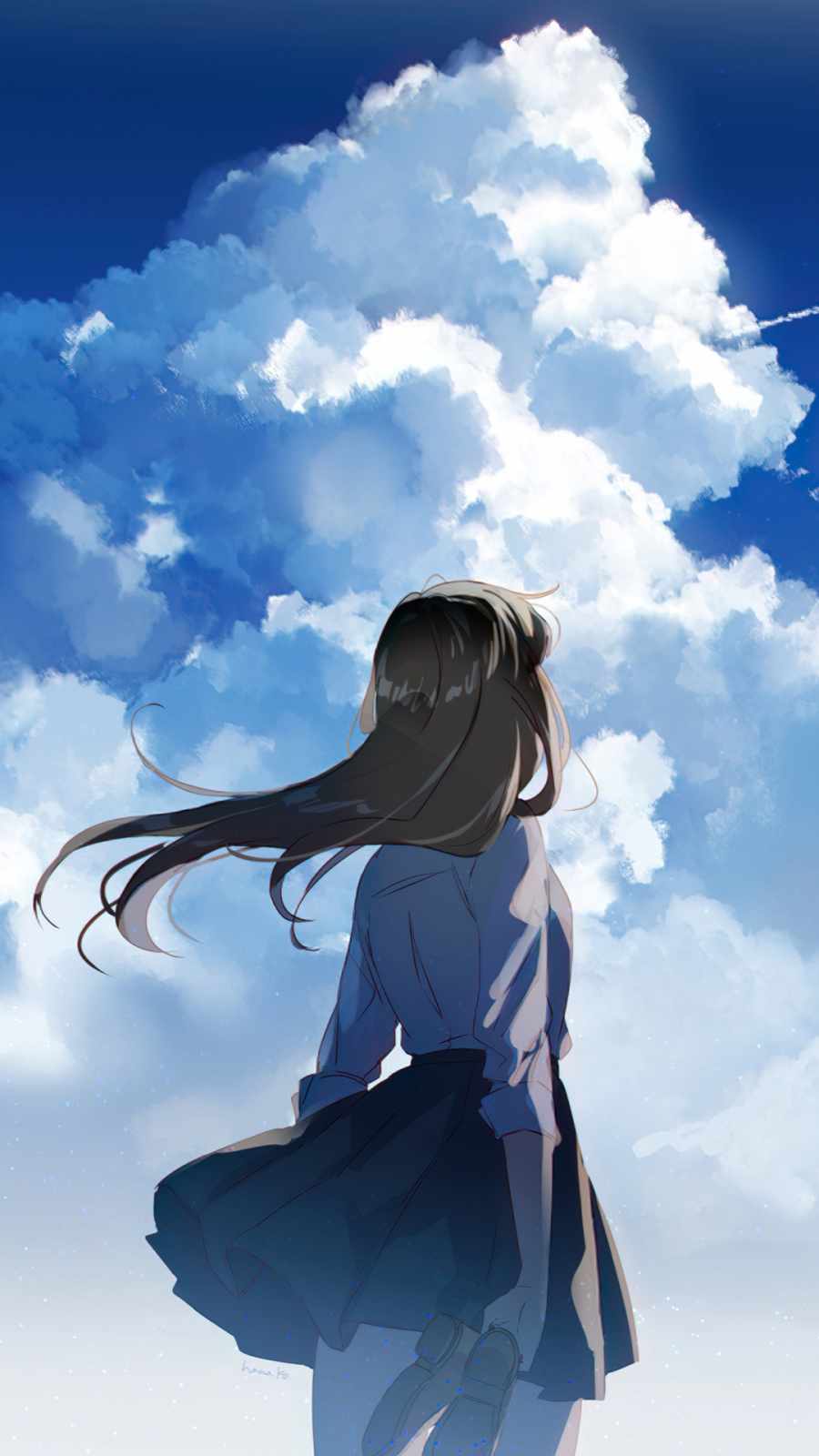 anime school girl watching clear sky iPhone Wallpaper