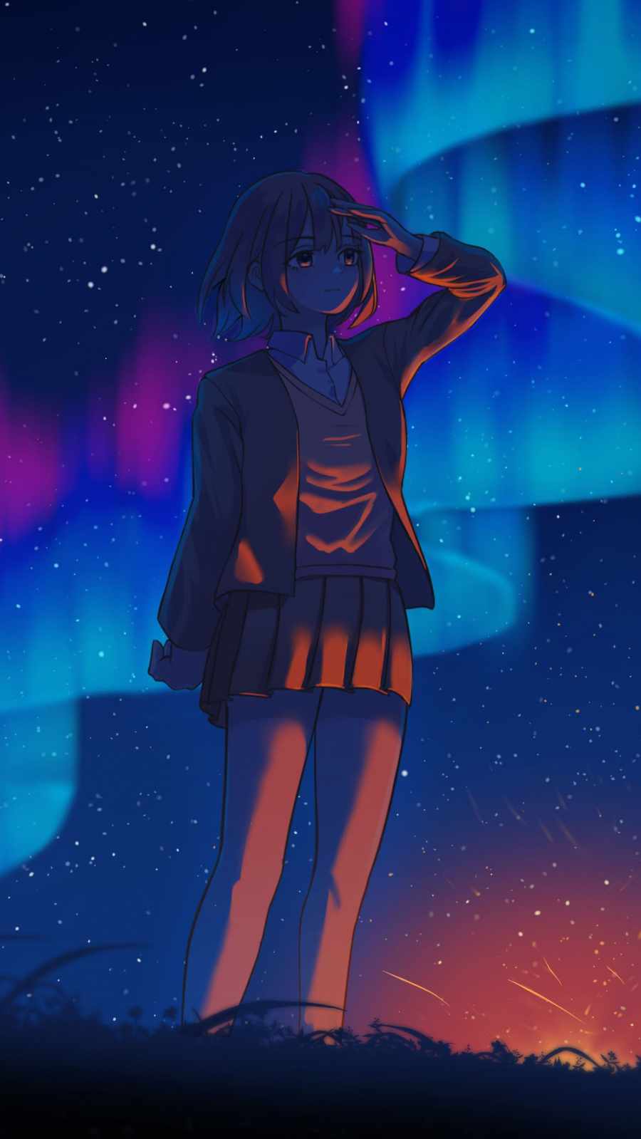 Anime Girl at Northern Lights iPhone Wallpaper