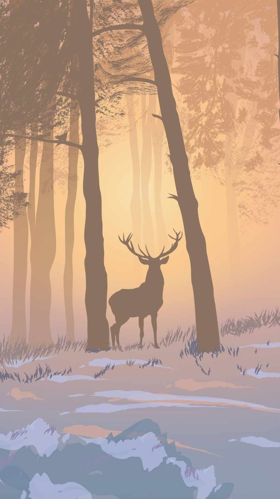 Snow reinnder forest foggy morning iPhone Wallpaper