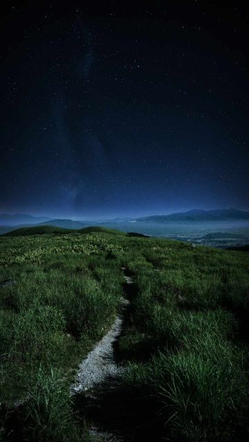 Grass Fields Night Space View iPhone Wallpaper