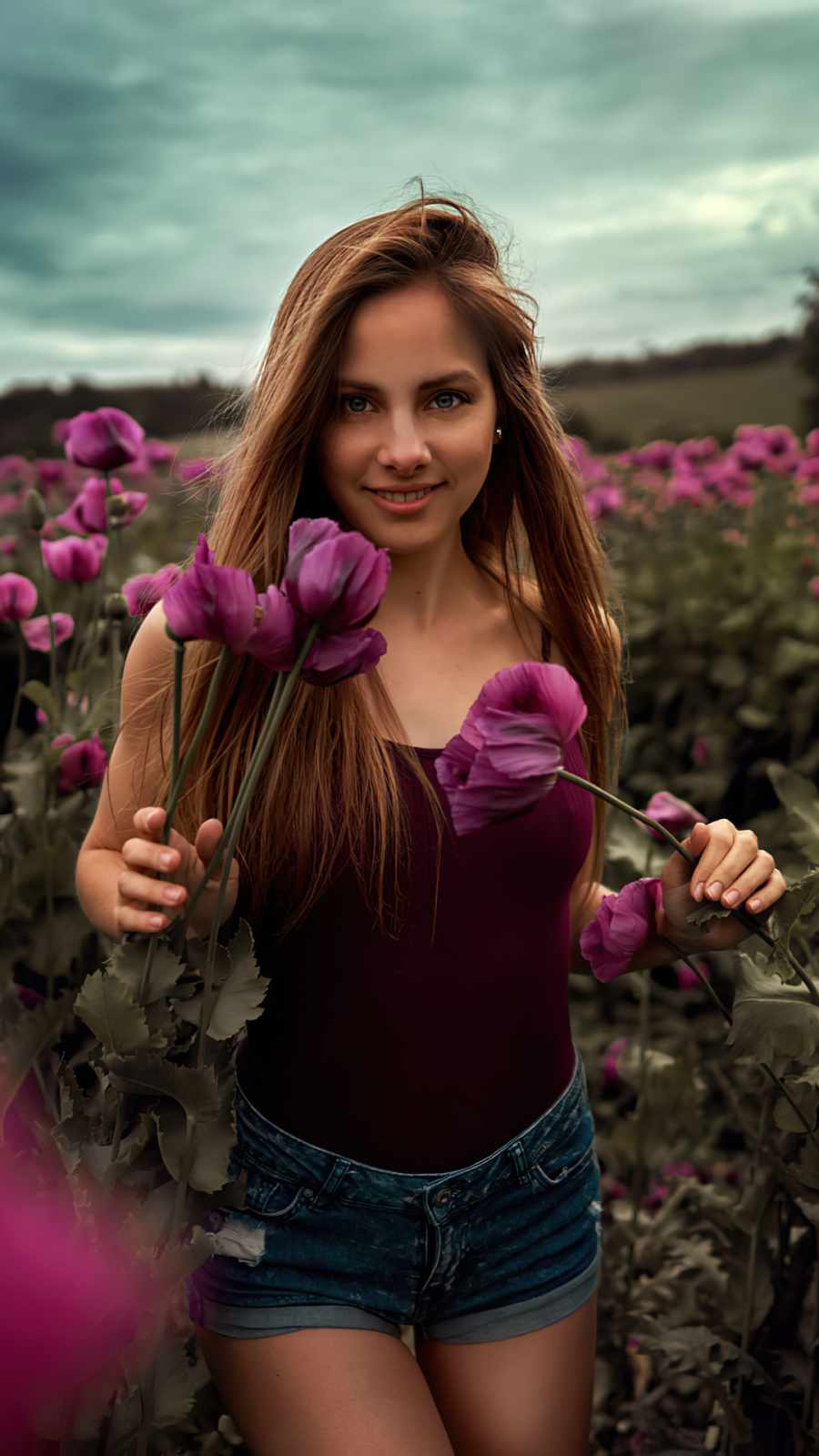 long hair women outdoor in flower field iPhone Wallpaper