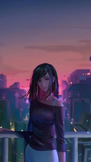 Anime Girl Sunset Open Hairs iPhone Wallpaper