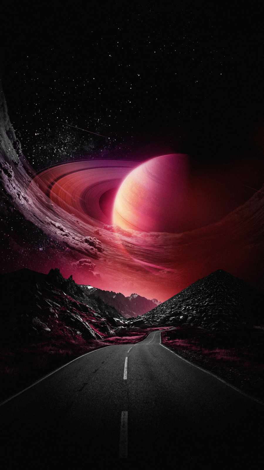 Saturn Moon Road iPhone Wallpaper