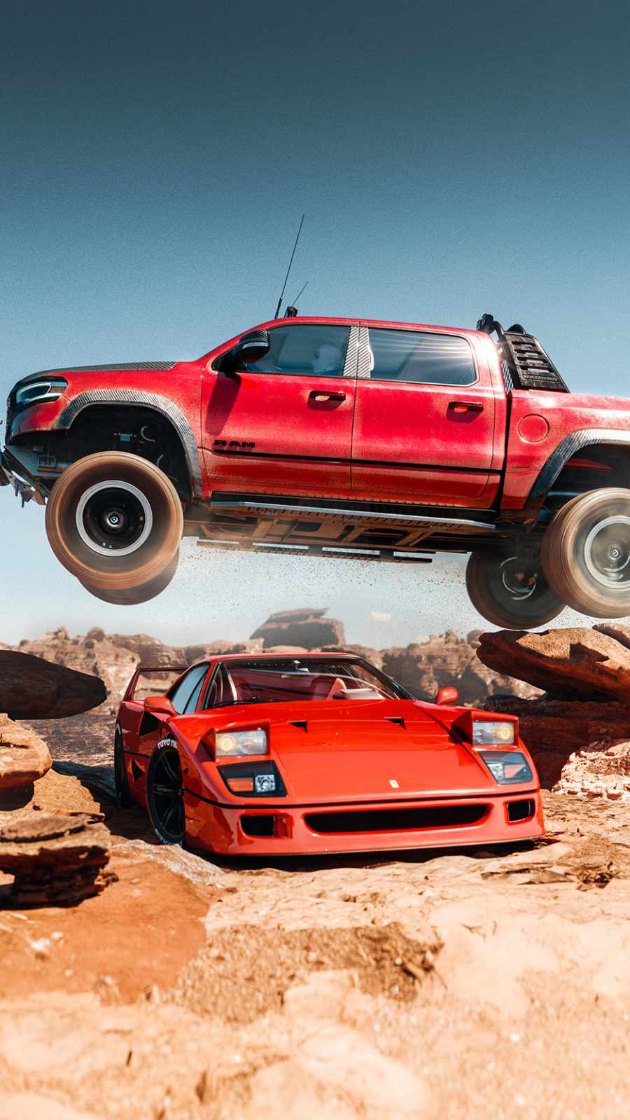 Offroad Jump Dodge RAM vs Ferrari iPhone Wallpaper