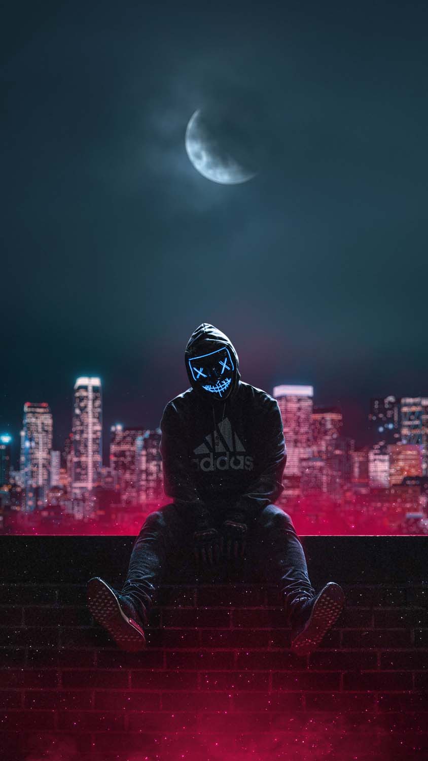 Hoodie Boy Sitting Neon Mask iPhone Wallpaper HD