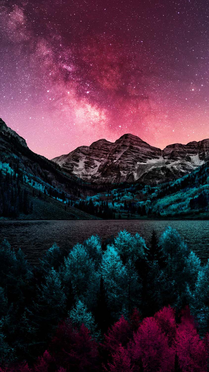 Colorful Forest Below Mountains iPhone Wallpaper HD