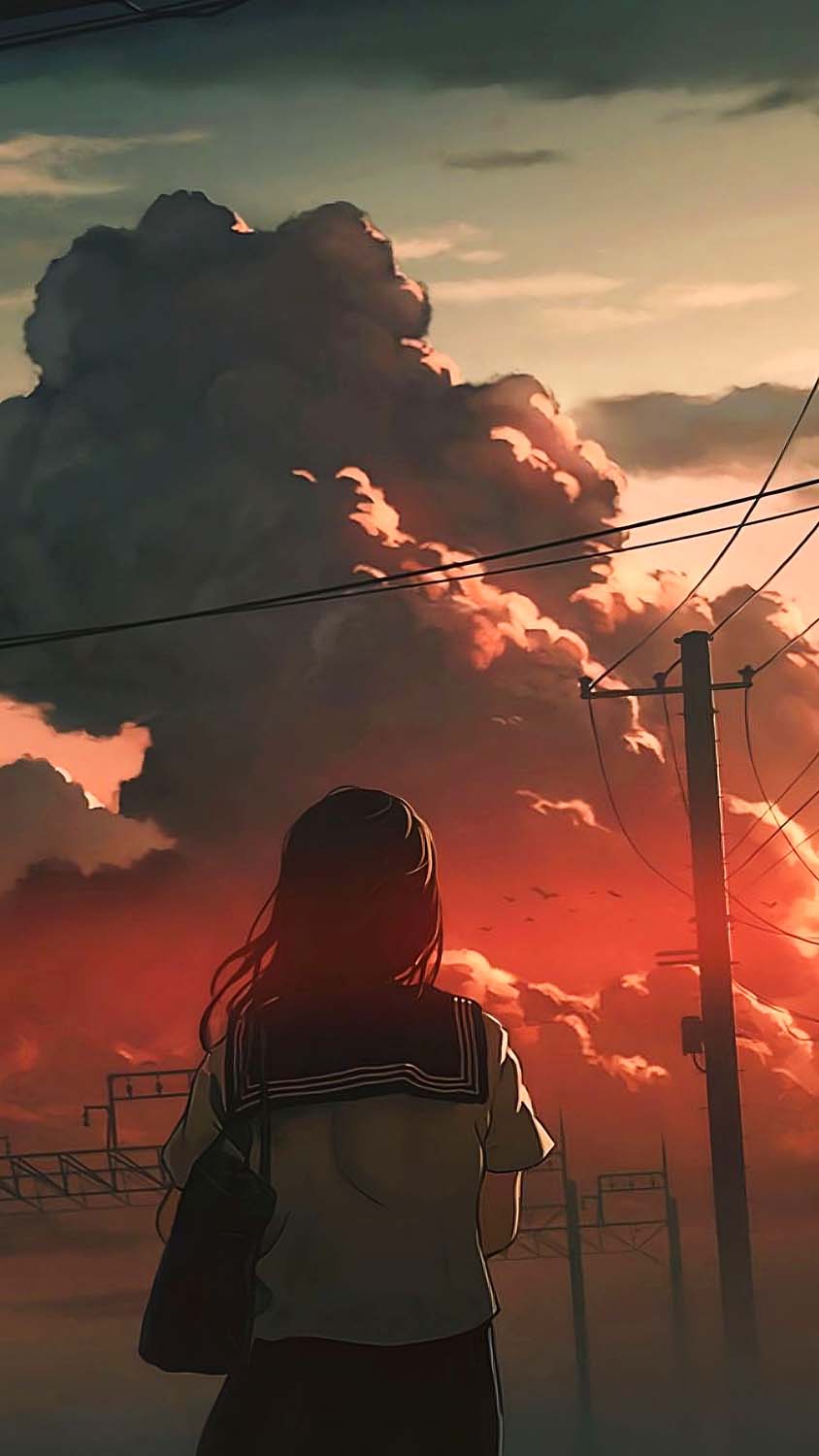 Girl and Cloudy Sunset iPhone Wallpaper HD