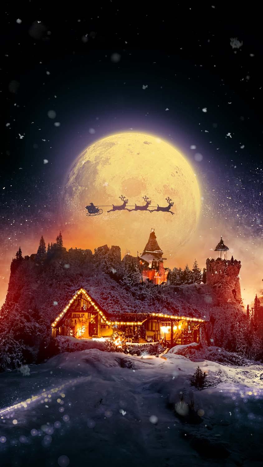 Christmas House Winter Moon iPhone Wallpaper HD