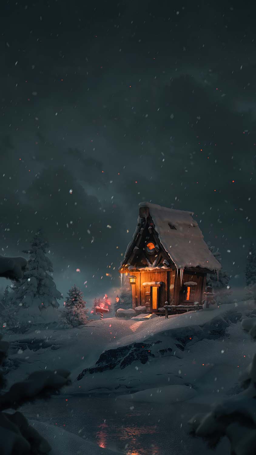 Snow Fall Wood Cabin iPhone Wallpaper HD