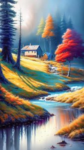 Cabin in Forest Art iPhone Wallpaper HD
