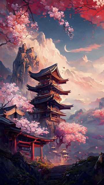 Temple between Sakura Trees iPhone Wallpaper HD