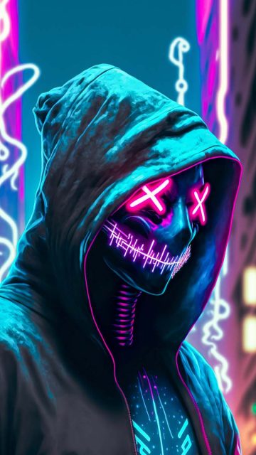 Neon Mask Hoodie Cyberpunk iPhone Wallpaper HD