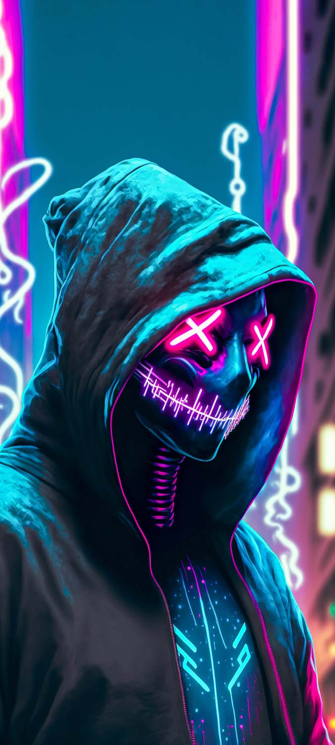 Neon Mask Hoodie Cyberpunk iPhone Wallpaper HD