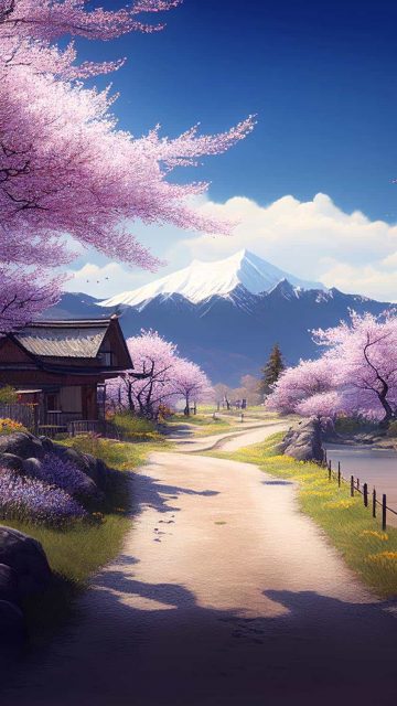 Cherry Blossom Tree Village iPhone Wallpaper HD