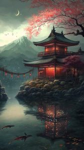 Japanease House Sakura Tree iPhone Wallpaper HD