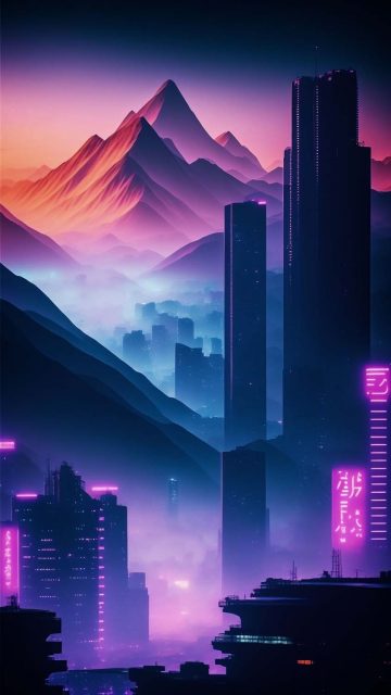 Mountain City Cyberpunk iPhone Wallpaper HD