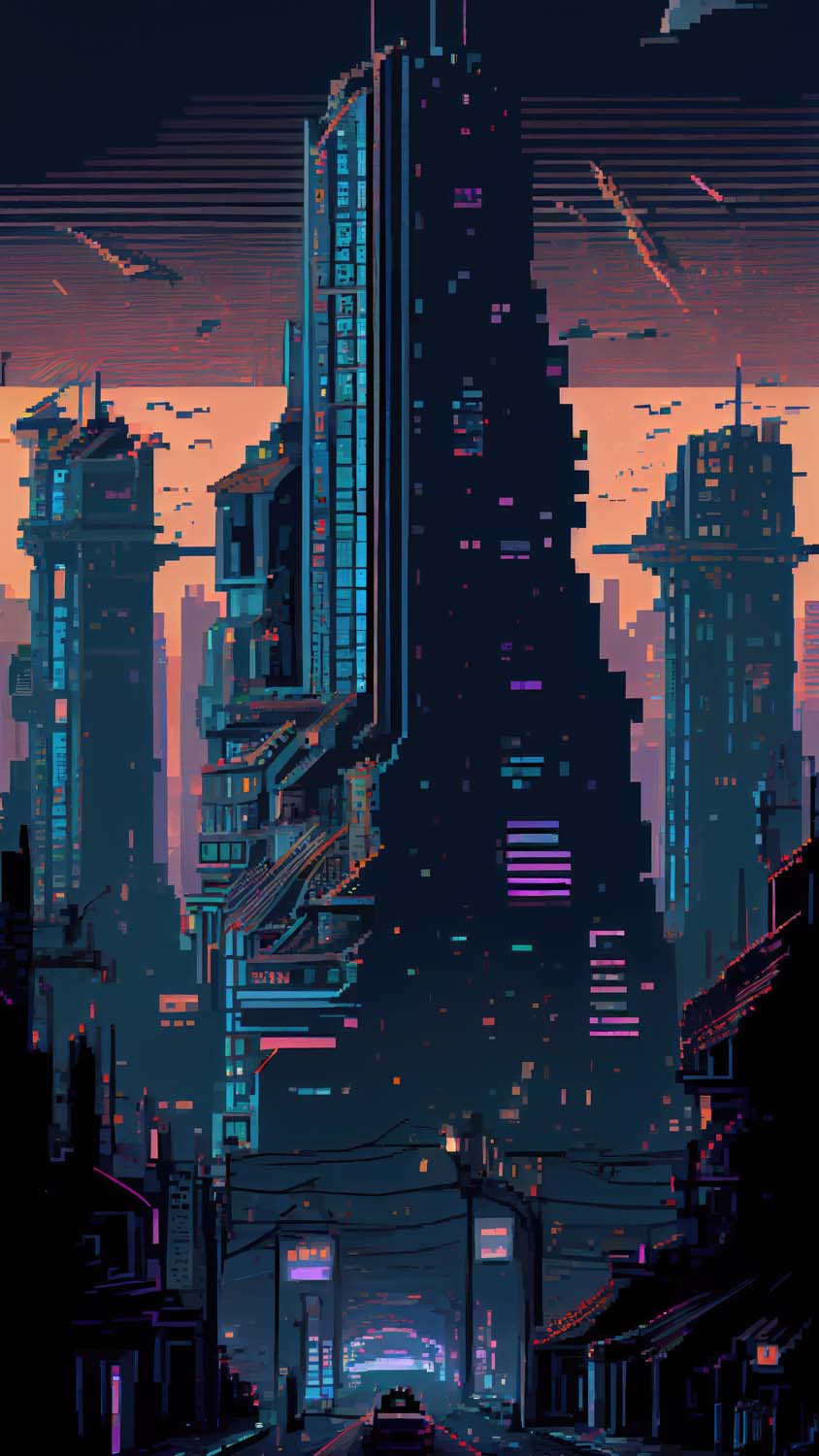 Cyberpunk city street. Sci-fi wallpaper. Futuristic city scene in a style  of pixel art. 80's wallpaper. Retro future 3D illustration. Urban scene.  Stock Illustration