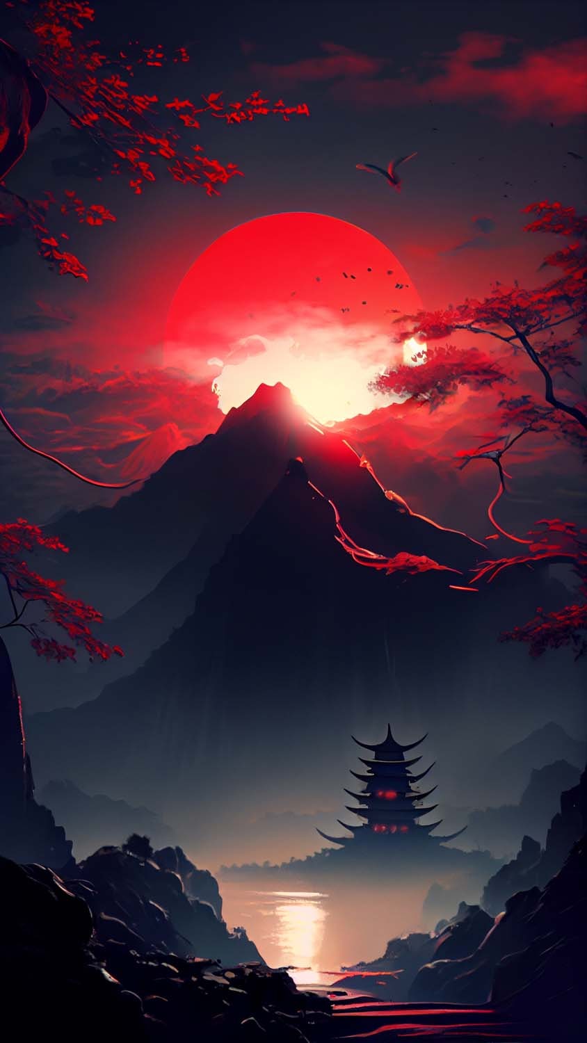 Alone Samurai shadow on red moon 8K wallpaper download