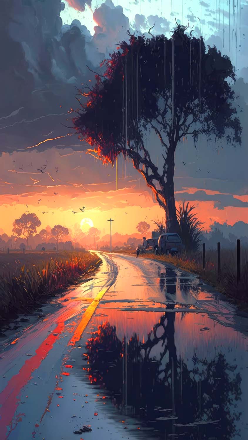 Sunset Rain Road Reflection iPhone Wallpaper HD