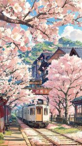 Cherry Blossom Trees Train Station Japan iPhone Wallpaper HD