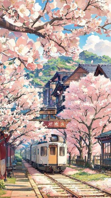 Cherry Blossom Trees Train Station Japan iPhone Wallpaper HD