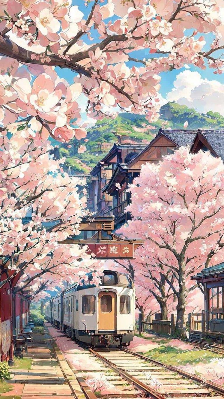 Cherry Blossom Trees Train Station Japan iPhone Wallpaper HD - iPhone ...